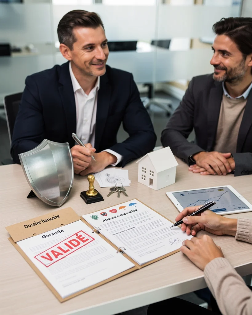 deux hommes disuctent avec une personne d'un dossier bancaire