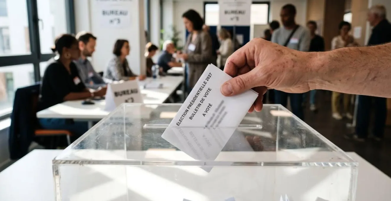 Une main insère un bulletin de vote dans une urne transparente contemporaine posée sur une surface épurée, avec un jeu de lumière naturelle latérale