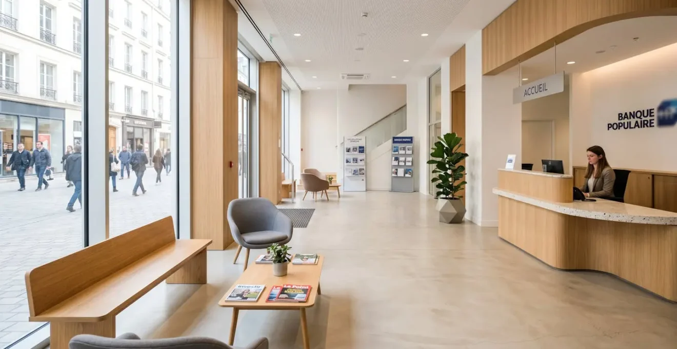 Intérieur d'une agence bancaire moderne et lumineuse, vide, avec comptoir d'accueil contemporain et espaces conseils dans une architecture épurée