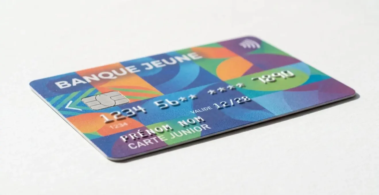 Gros plan sur une carte bancaire junior au design coloré posée sur une surface blanche épurée, avec un arrière-plan flouté élégant
