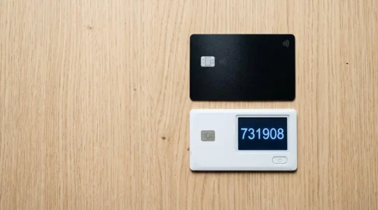 Deux cartes bancaires, l'une premium noire et l'autre virtuelle blanche, posées sur une table en bois.