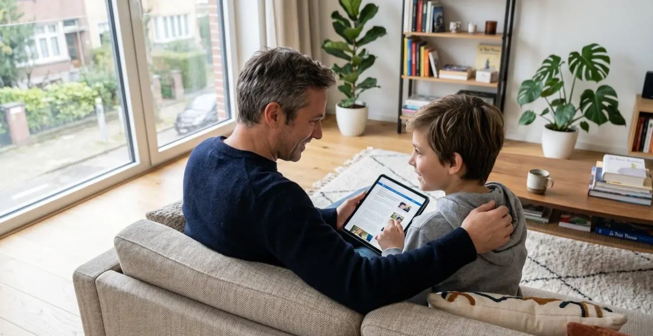 Un parent et son enfant de onze ans assis côte à côte sur un canapé contemporain, consultant ensemble une tablette numérique, vus de trois-quarts arrière dans un salon lumineux