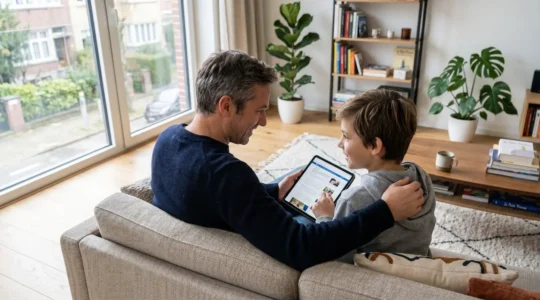 Un parent et son enfant de onze ans assis côte à côte sur un canapé contemporain, consultant ensemble une tablette numérique, vus de trois-quarts arrière dans un salon lumineux