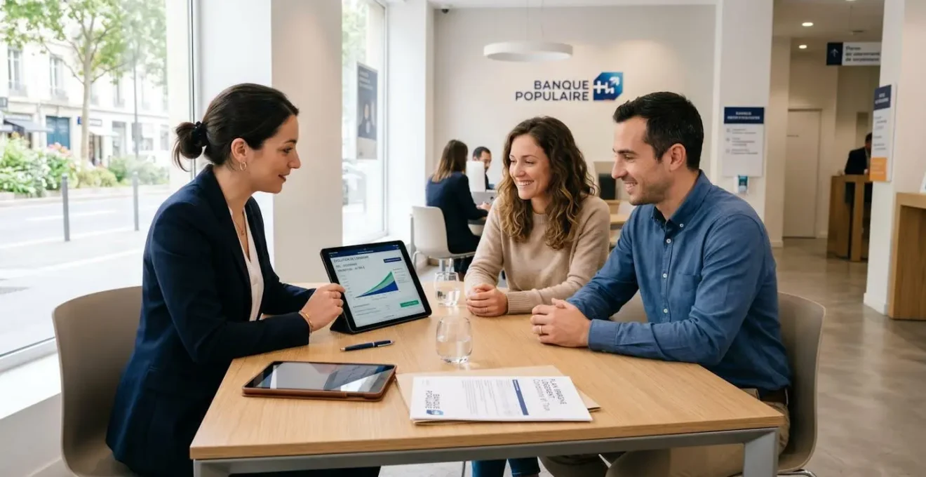 Couple rencontrant un conseiller bancaire en agence Banque Populaire pour discuter d'un Plan Épargne Logement, avec tablette et documents sur un bureau contemporain