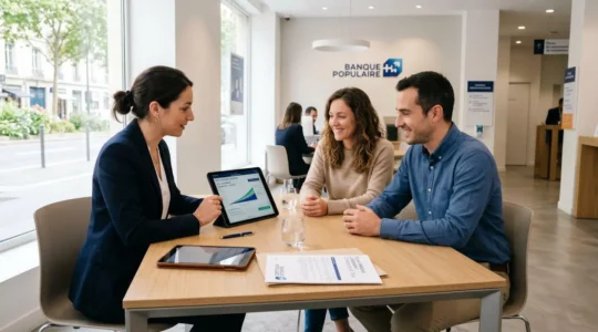 Couple rencontrant un conseiller bancaire en agence Banque Populaire pour discuter d'un Plan Épargne Logement, avec tablette et documents sur un bureau contemporain