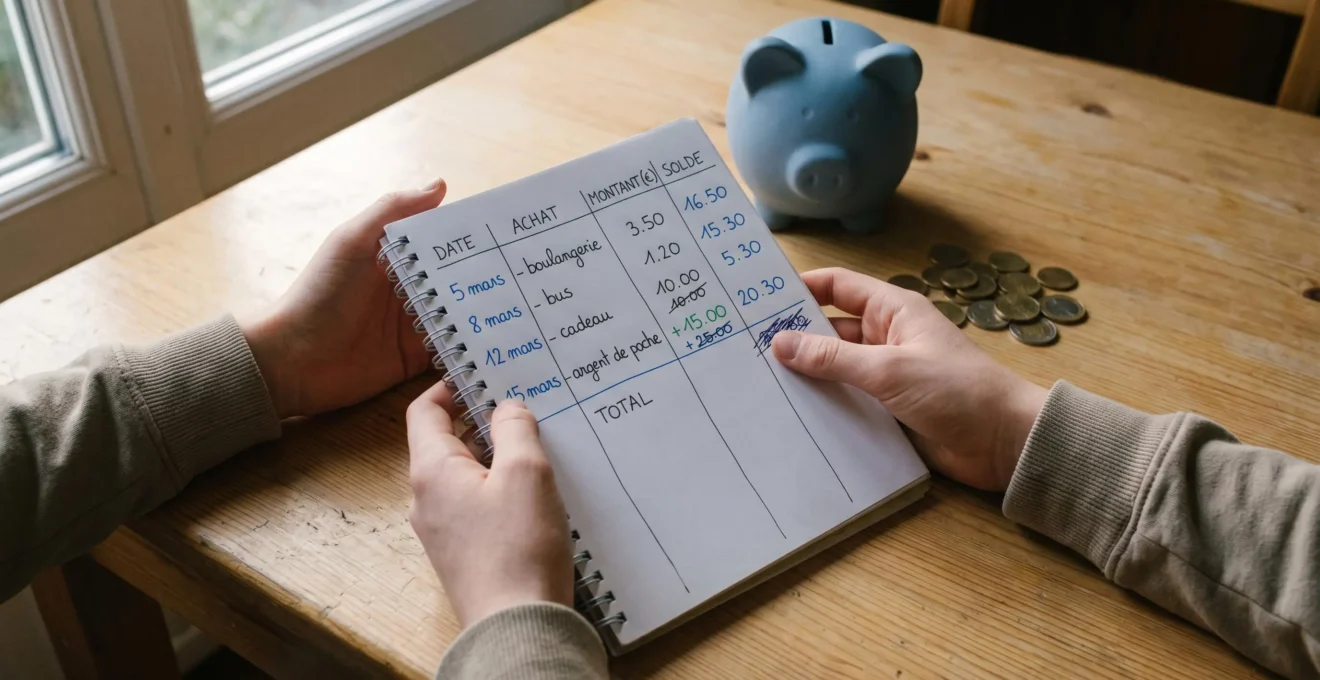 Gros plan sur les mains d'un adolescent tenant un carnet de budget avec une tirelire et des pièces sur une table