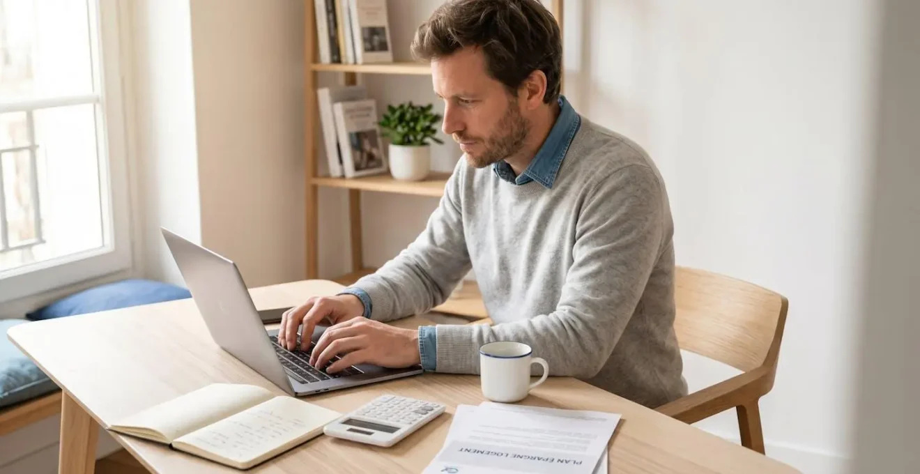 Personne consultant ses documents PEL et effectuant des calculs à domicile sur son ordinateur portable avec une calculatrice