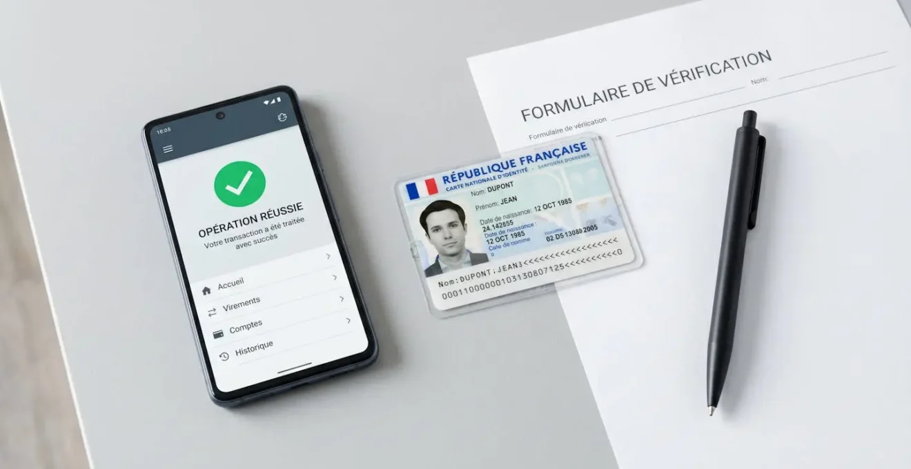 Trois icônes 3D représentant les étapes d'ouverture : document d'identité, signature et validation