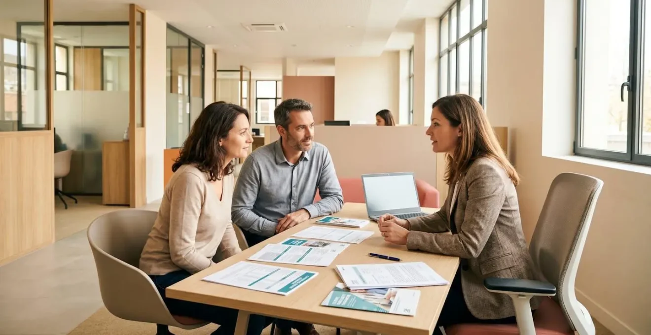 Entretien entre un client et son conseiller bancaire dans une agence Caisse d'Épargne moderne avec documents tarifaires sur le bureau