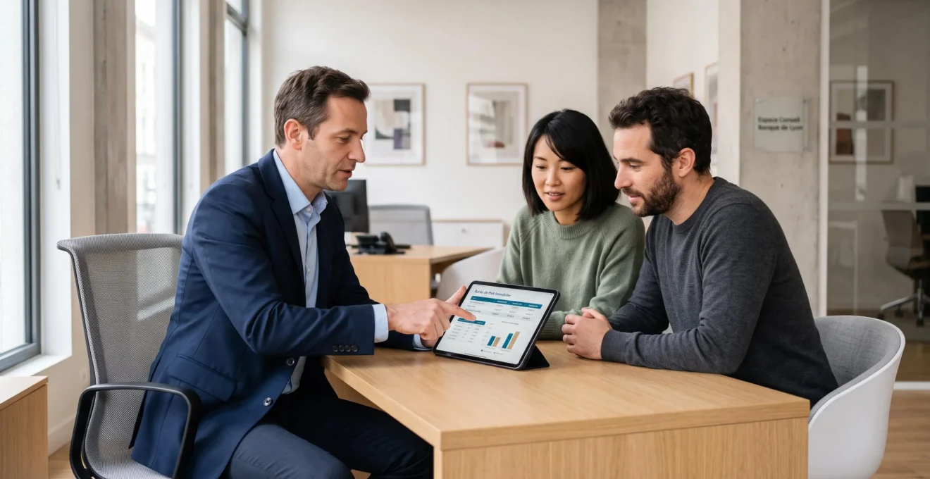 Conseiller bancaire et couple analysant ensemble un tableau comparatif de durées de crédit sur tablette dans un bureau moderne français