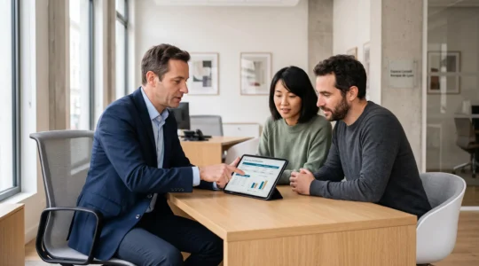 Conseiller bancaire et couple analysant ensemble un tableau comparatif de durées de crédit sur tablette dans un bureau moderne français