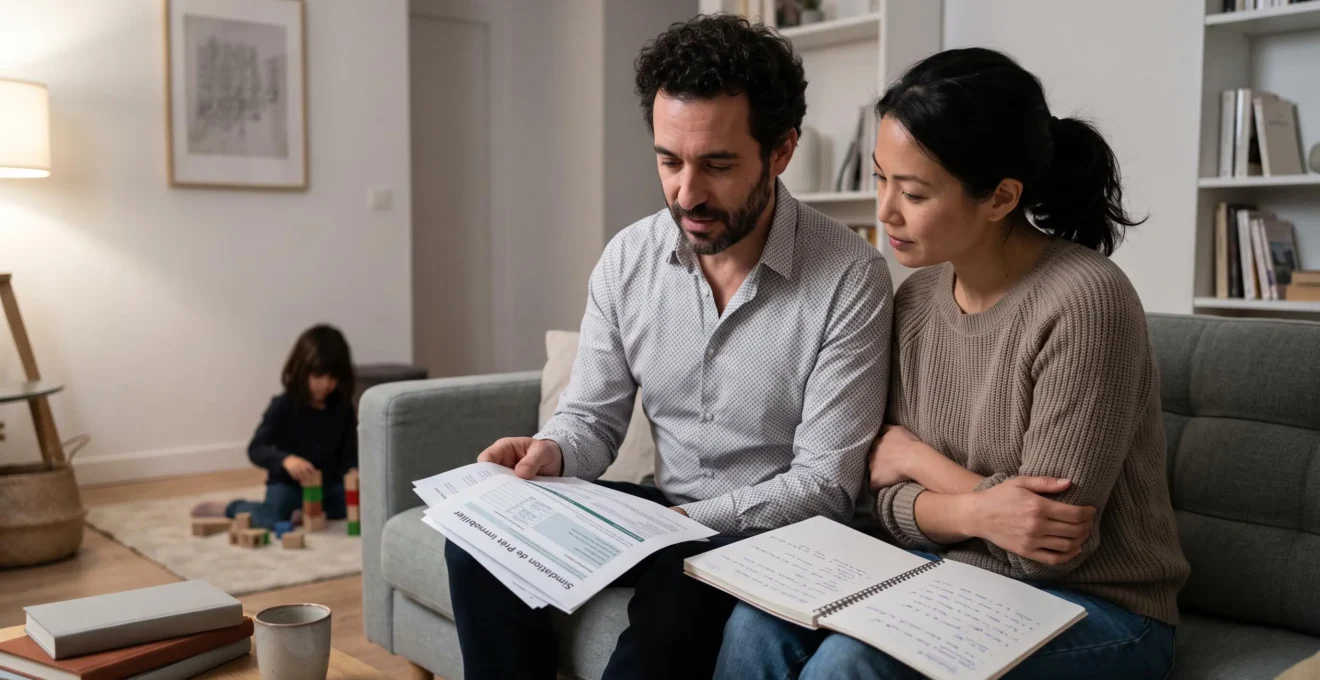 Couple de quarantenaires examinant ensemble des documents de simulation de crédit sur leur canapé, avec enfant jouant en arrière-plan