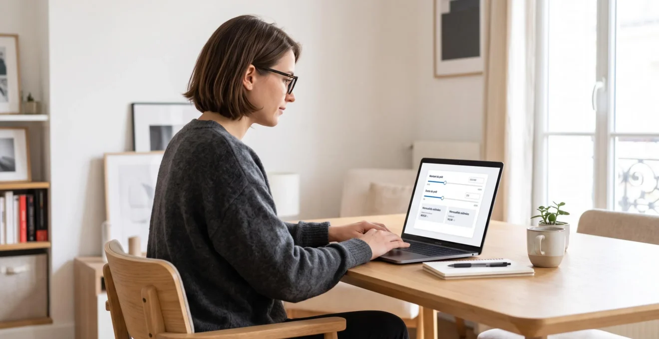 Jeune femme utilisant un simulateur de crédit en ligne sur ordinateur portable dans un intérieur français contemporain