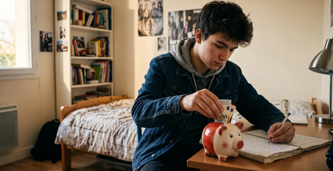 Un adolescent assis à son bureau met des billets dans une tirelire et note un montant dans un petit carnet.