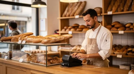 Boulanger effectuant une transaction de paiement avec un terminal de carte bancaire dans sa boulangerie française