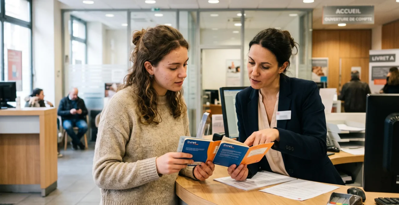 Une jeune cliente compare deux livrets d'épargne au guichet d'une banque en France, accompagnée d'une conseillère.