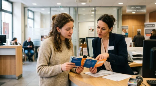 Une jeune cliente compare deux livrets d'épargne au guichet d'une banque en France, accompagnée d'une conseillère.