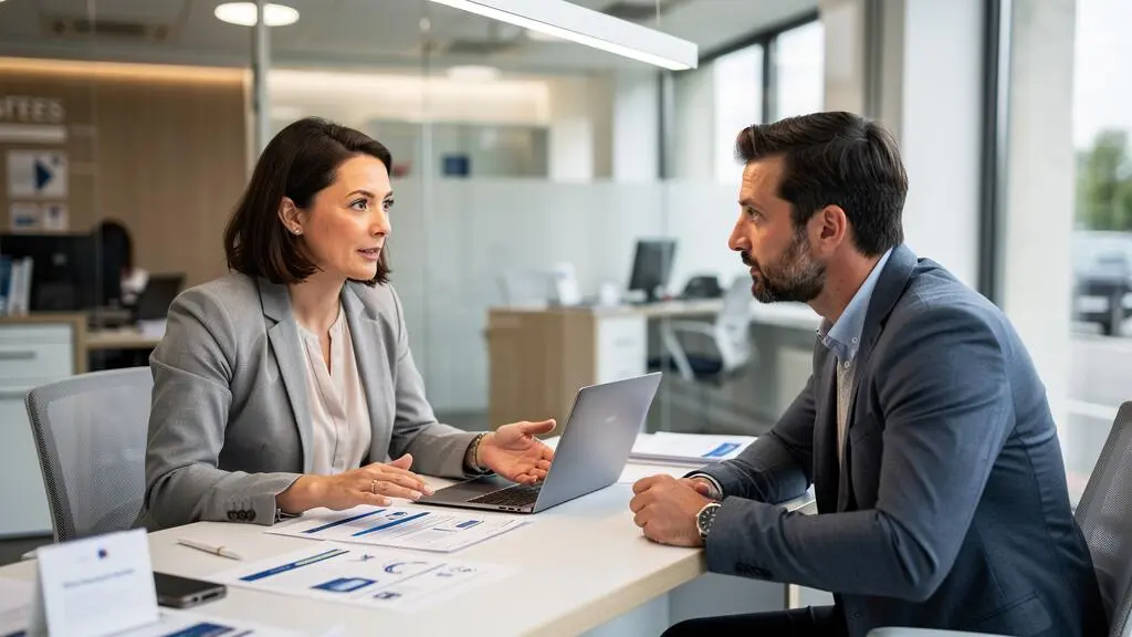 Conseiller bancaire en rendez-vous avec un entrepreneur dans une agence bancaire française moderne