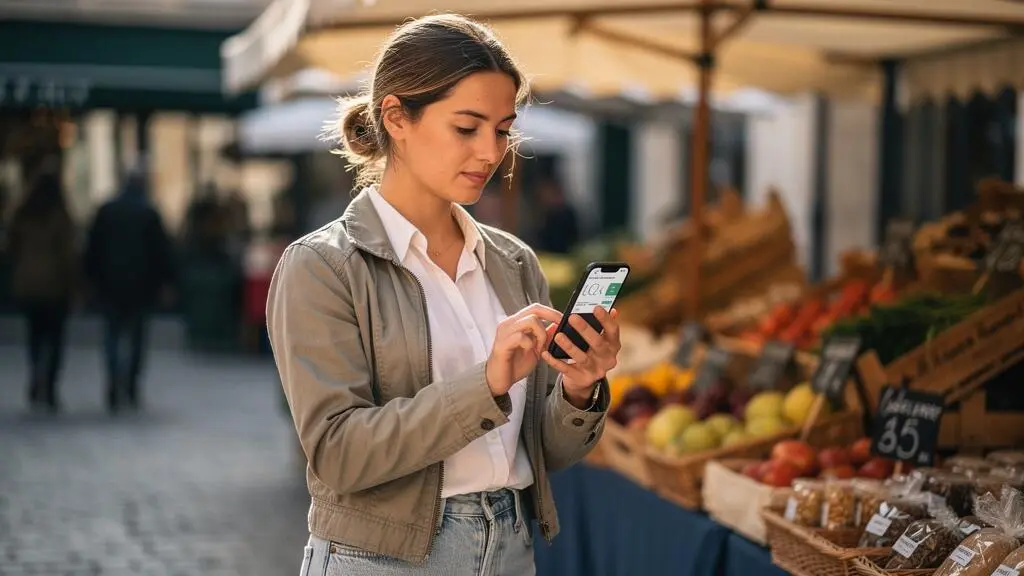 Entrepreneure vérifiant ses opérations bancaires sur smartphone à son stand de marché extérieur
